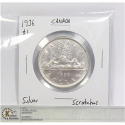1936 SILVER CANADA $1 DOLLAR CLEANED COIN
