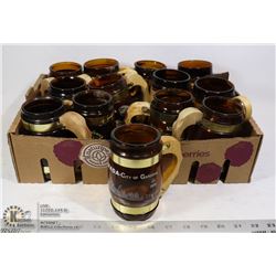 FLAT OF 13 BROWN GLASS BEER MUGS WITH WOOD HANDLES