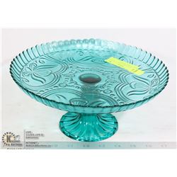 TEAL BLUE CAKE STAND 12 INCHES WIDE, FLORAL DESIGN