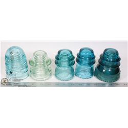 ANTIQUE GLASS ELECTRICAL INSULATORS- 5 ASSORTED