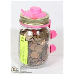MASON JAR PIGGY BANK WITH OLD PENNIES