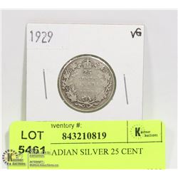 1929 CANADIAN SILVER 25 CENT COIN