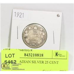 1921 CANADIAN SILVER 25 CENT COIN