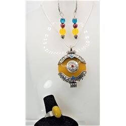 28)  TIBETAN SILVER AND YELLOW JADE PENDANT