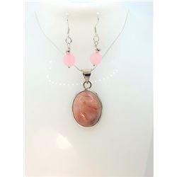 5)  LARGE OVAL PINK OPAL PENDANT STAMPED