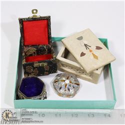 3 FANCY JEWELRY BOXES-INLAID STONE/CRYSTAL/SILK