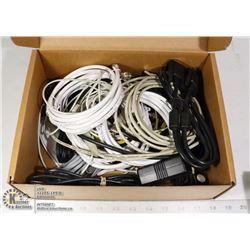 BOX LOT ASSORTED CABLES, CAT 5, CONNECTORS, ETC