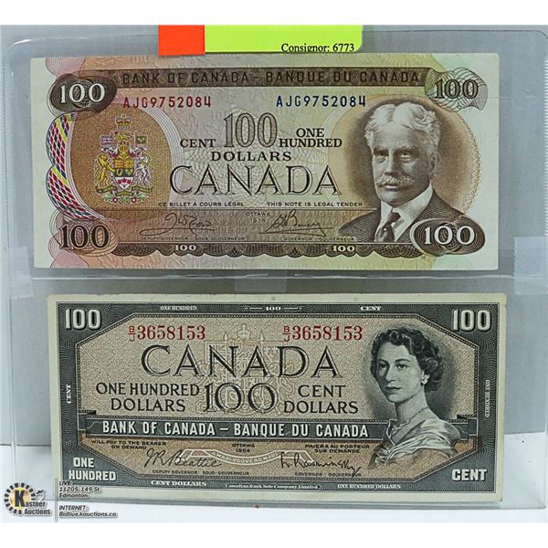 1954, 1975 CANADIAN $100 BILLS