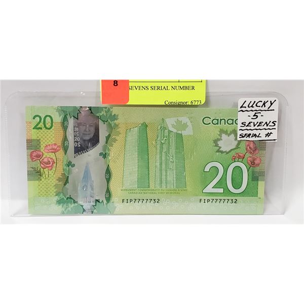 LUCKY 5 SEVENS SERIAL NUMBER $20