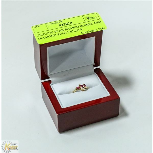 STAMPED 10K YELLOW GOLD GENUINE PEAR SHAPED RUBIES AND DIAMOND RING