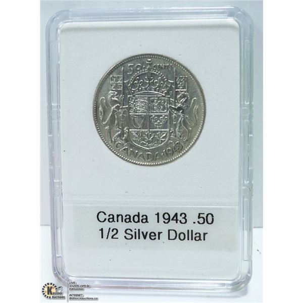 1943 CANADIAN SILVER 1/2 DOLLAR, KING GEORGE VI