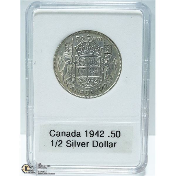 1942 CANADIAN SILVER 1/2 DOLLAR, KING GEORGE VI