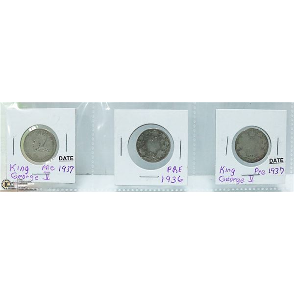 3 CANADIAN 1930'S 90% SILVER QUARTERS, GEO. V.