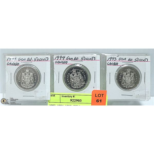 1993, 1994, 1995  GEM UNCIRCULATED PL 50 CENTS