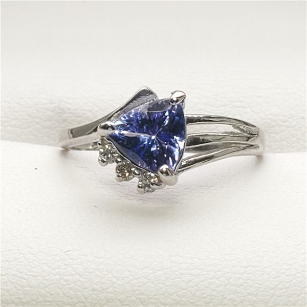 7) 10 KARAT WHITE GOLD TANZANITE AND DIAMOND RING
