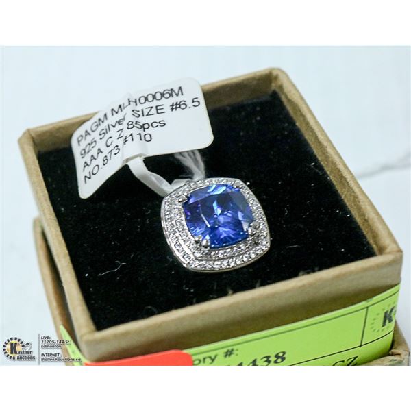 NEW. SILVER RING. BLUE CZ CENTER, ACCENTED