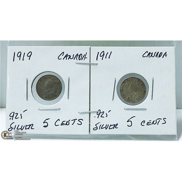 1919 AND 1911 CANADA .925 SILVER 5 CENTS