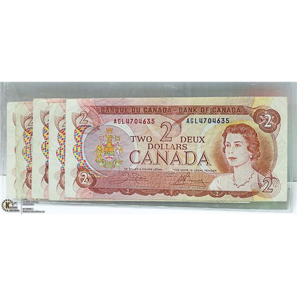 5 PCS 1974 TWO DOLLAR BILLS