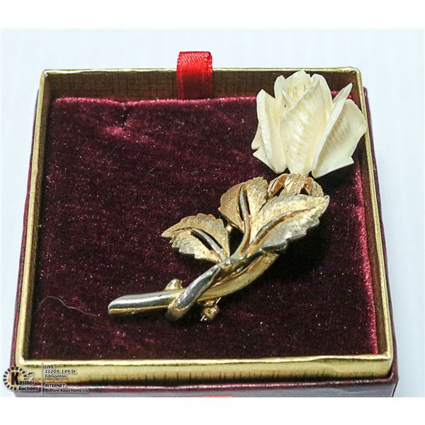 24 KARAT GOLD PLATED WHITE ROSE BROOCH