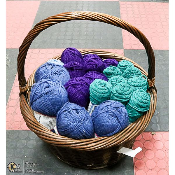 21 NEW ROLLS OF YARN IN EXTRA LARGE WICKER BASKET