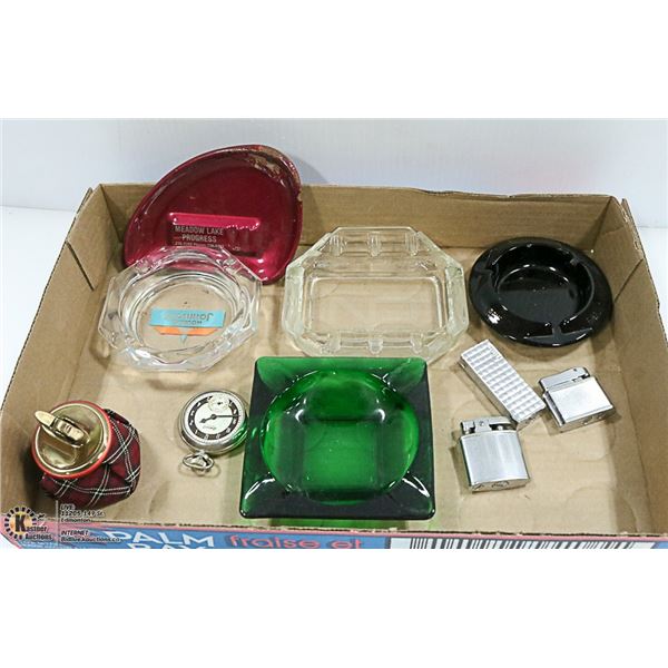 LOT OF VINTAGE ITEMS INCLUDES LIGHTERS, ASHTRAYS