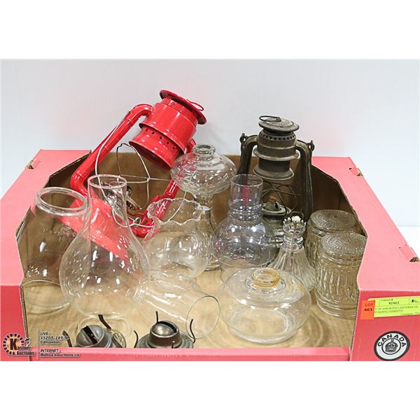 TRAY OF ASSORTED LANTERNS,OIL LAMP BASES,CHIMNEYS