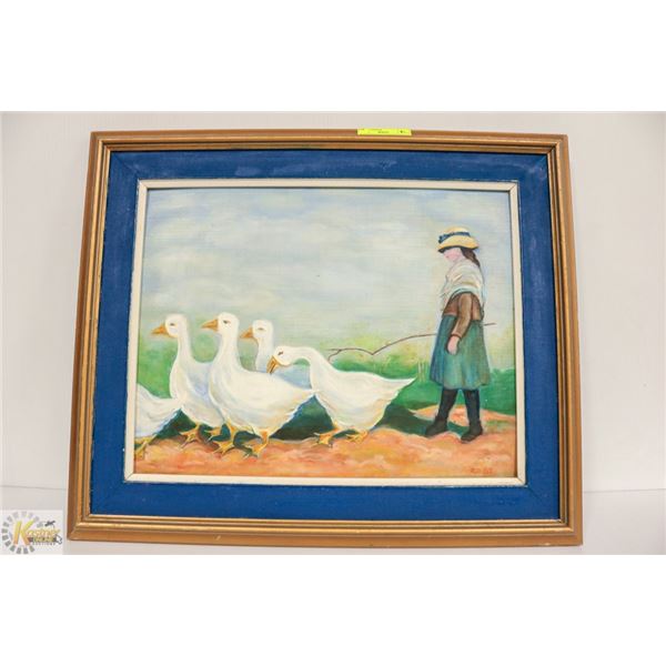 ORIGINAL SIGNED PAINTING OF GIRL AND GEESE 24 X 20