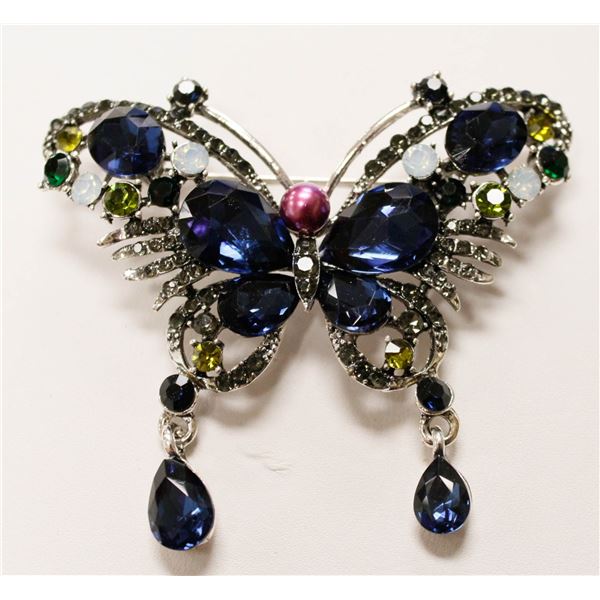 BUTTERFLY RHINESTONE BROOCH WITH DANGLY TAILS
