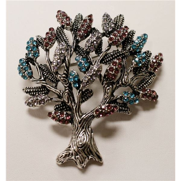 RHINESTONE TREE OF LIFE BROOCH