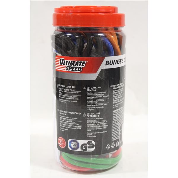 NEW COMPLETE 12PC BUNGEE CORD SET IN CONTAINER