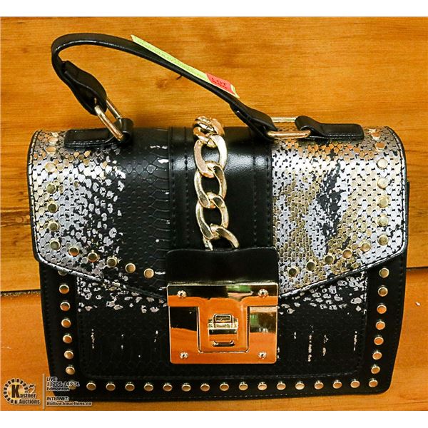 DESIGNER HANDBAG WITH GOLD TONE EMBELISHMENTS