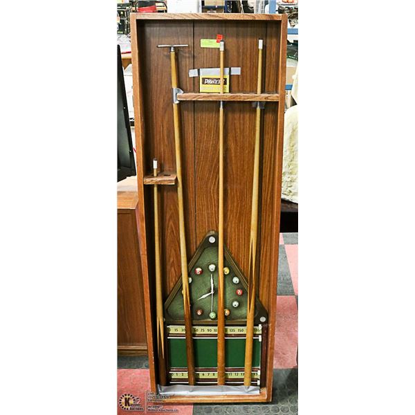POOL-BILLIARDS SET: INCLUDES 3 CUES, BRIDGE, SCOREBOARD