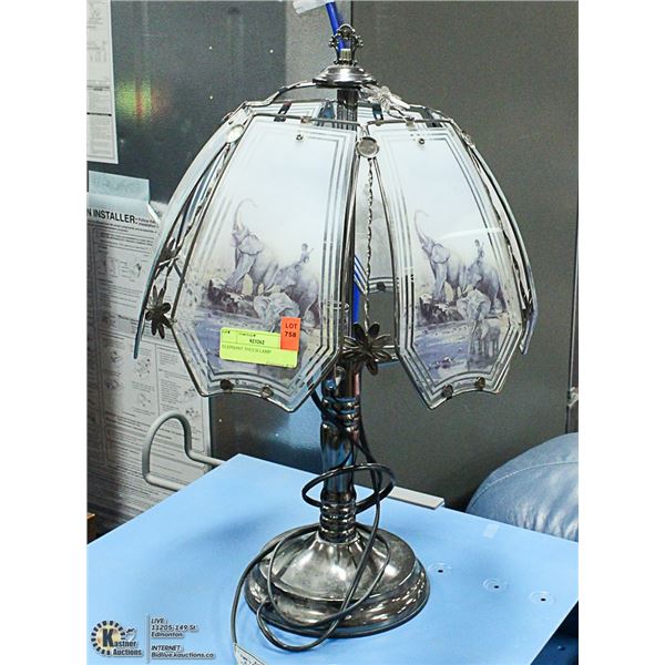 ELEPHANT TOUCH LAMP, GLASS PANEL SILVER BASE 22" TALL