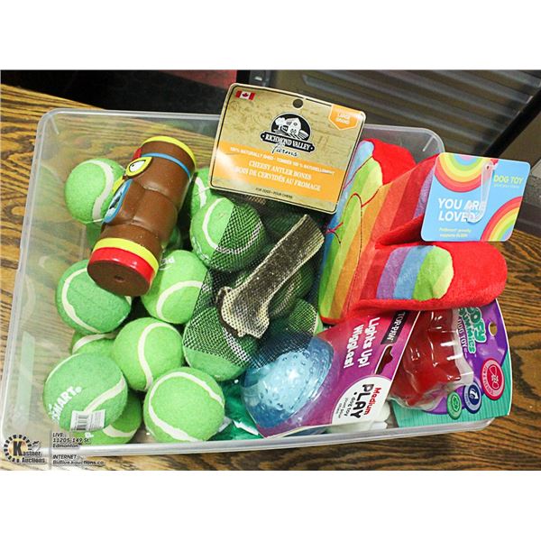 TUB OF ASSORTED DOG TOYS, TENNIS BALLS,