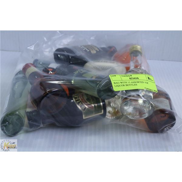 BAG WITH 15 ASSORTED 1OZ LIQUOR BOTTLES