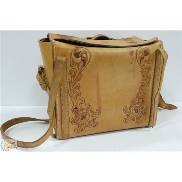 VINTAGE TOOLED LEATHER SADDLE BAG