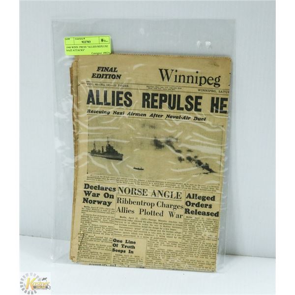 1940 WINN. PRESS "ALLIES REPLUSE NAZI ATTACKS"
