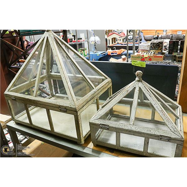 LOT OF 2 DECORATIVE WOOD AND GLASS HANGING