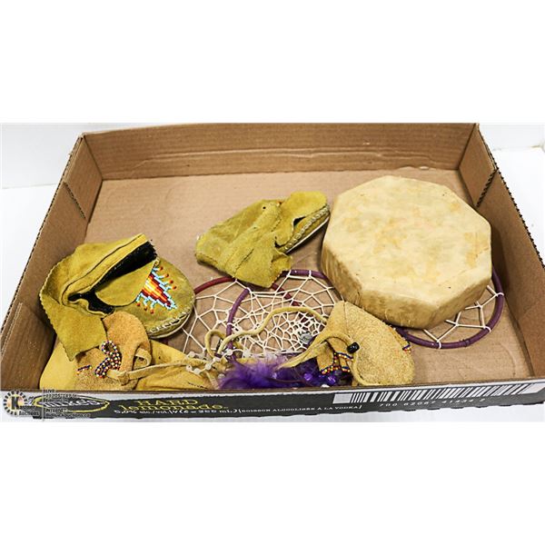 VINTAGE INDEGINOUS BOOTS , DRUM, ETC