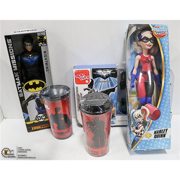 BOX OF COMIC BOOK FIGURES AND DC COLLECTIBLES.