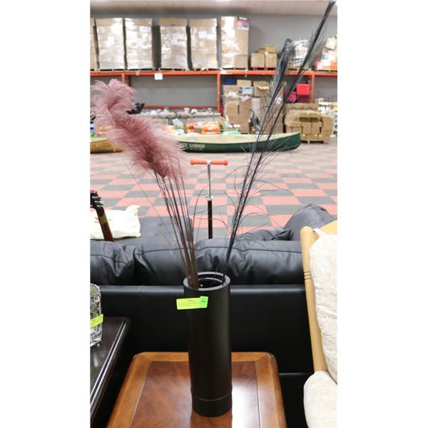 WOODEN VASE WITH PEACOCK AND ROSE FEATHERS