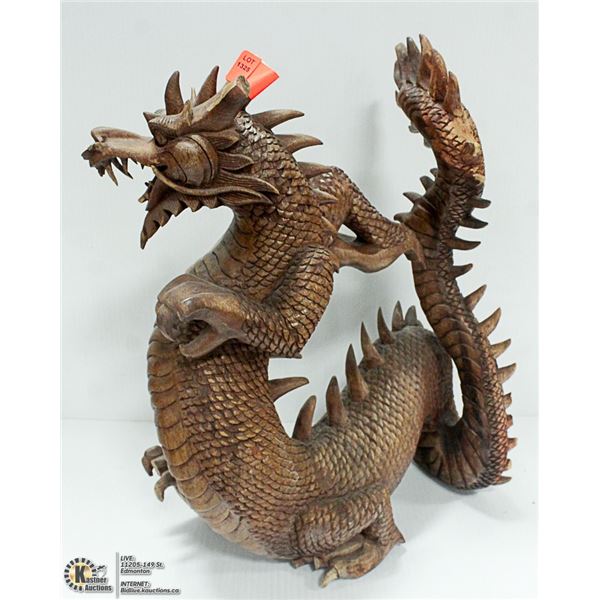 WOOD CARVED DRAGON STATUE WITH SOME DAMAGE