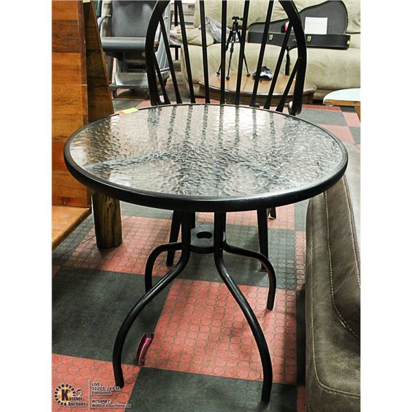 SMALL METAL AND GLASS PATIO TABLE, 27" DIAMETER