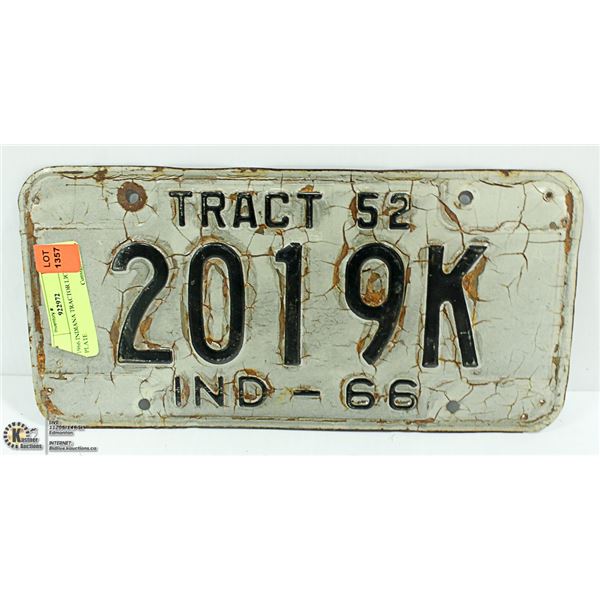 1966 INDIANA TRACTOR LICENCE PLATE