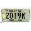Image 1 : 1966 INDIANA TRACTOR LICENCE PLATE