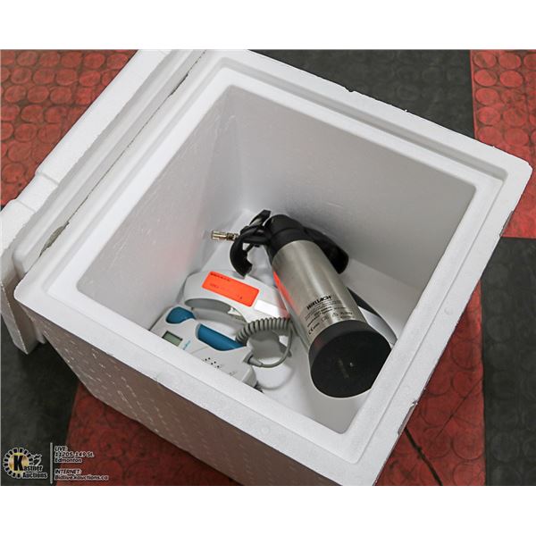 STYROFOAM COOLER WITH MEDICAL DEVICES & WELCH ALLYN BRAUN THERMOMETER