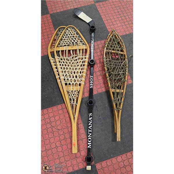 WOOD SNOW SHOES WITH HOCKEY STICK