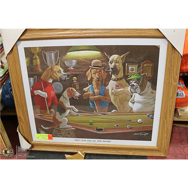 VINTAGE DOGS PLAYING POOL OAK FRAME ARTHUR SARNOFF