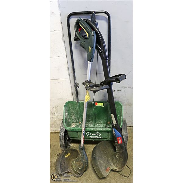 SCOTTS FERTILIZER SPREADER WITH 2 WEED WHACKERS