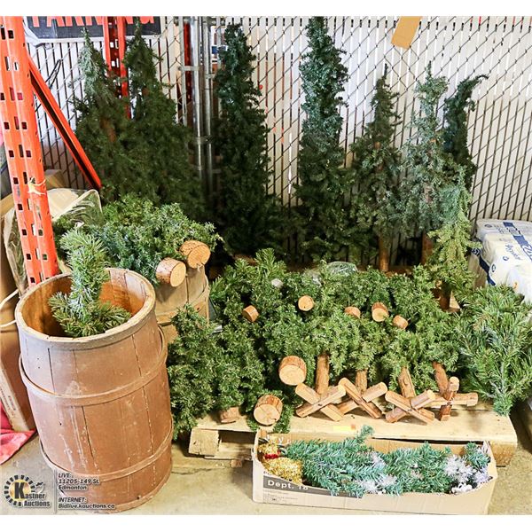 LARGE GROUP OF VARIOUS SIZED ARTIFICIAL EVERGREEN